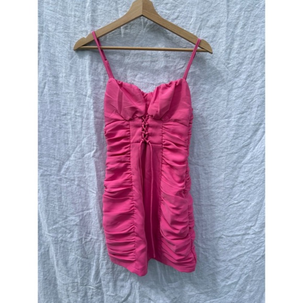 Superdown Crystal Ruched Cami Dress Hot Pink Mini Lace Up Corset Bodycon Small - Picture 2 of 6